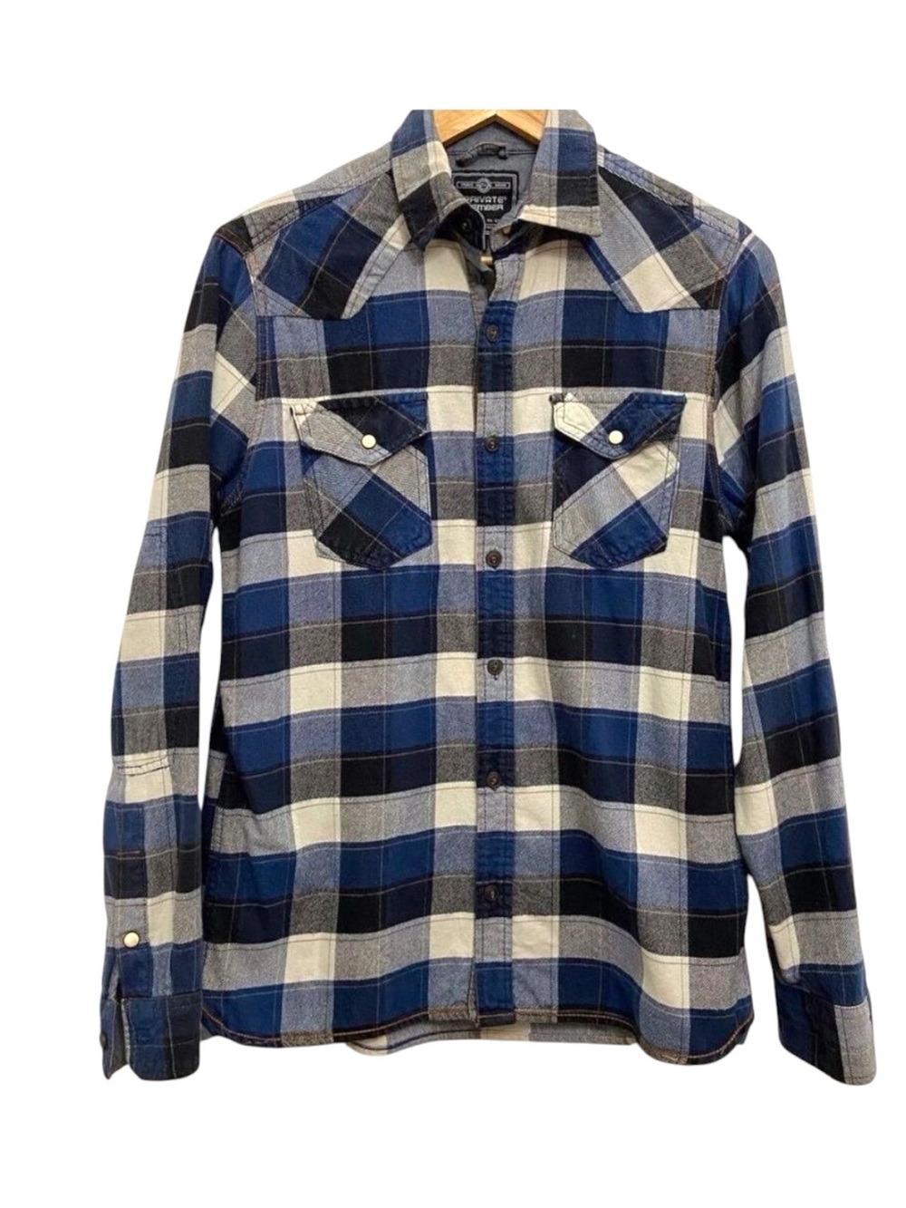 PRIVATE Member Mens plaid 100% cotton button down shirt blue ecru white in small